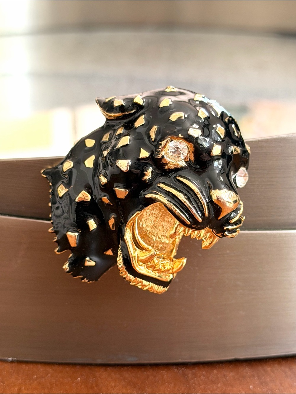 Vintage Black Enamel Panther Brooch | Gold Tone Rhinestone Leopard Statement Pin